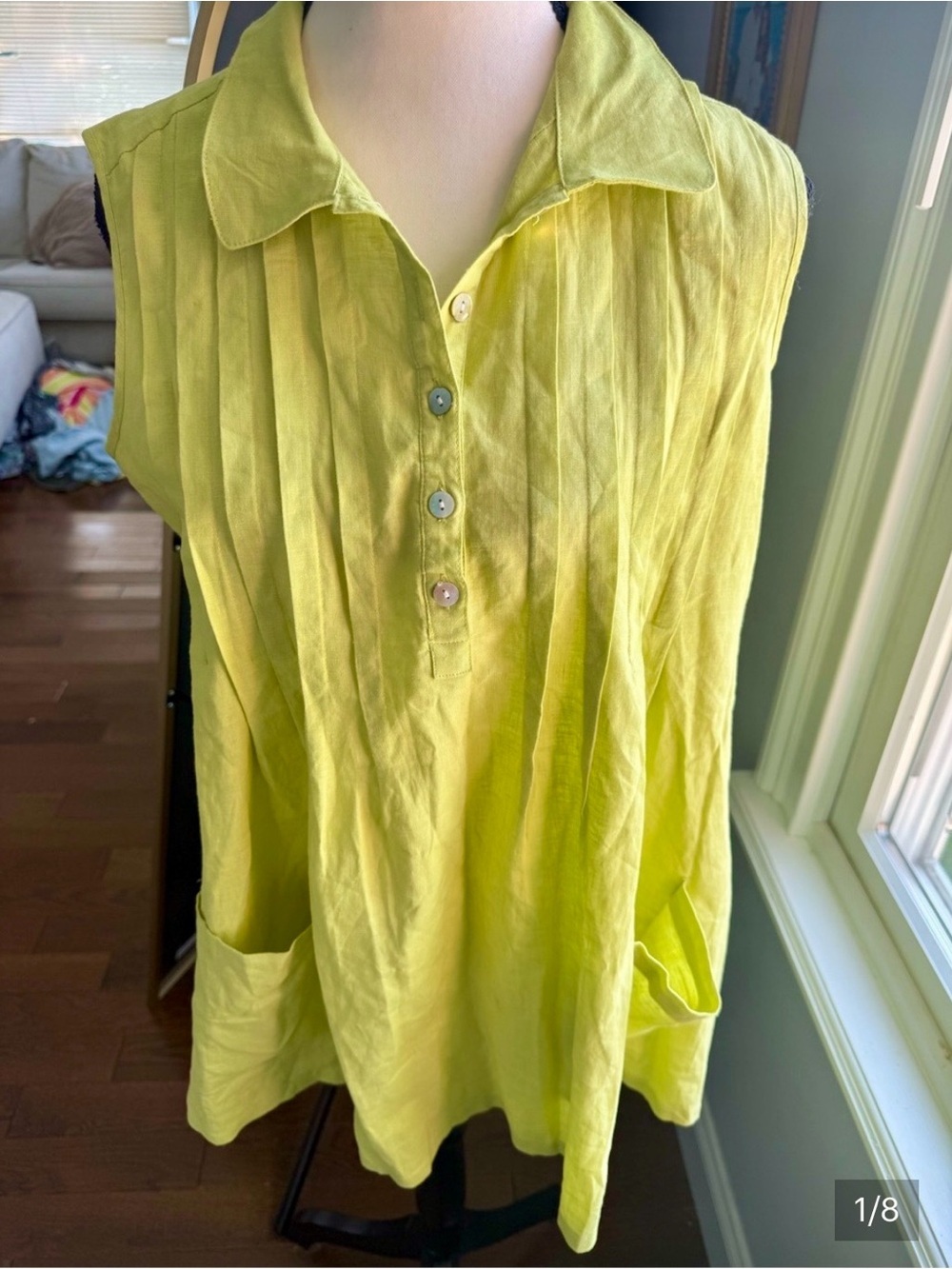 Sandro Linen Blend Chartreuse  Sleeveless Pleated Collared Top w Pockets Size M